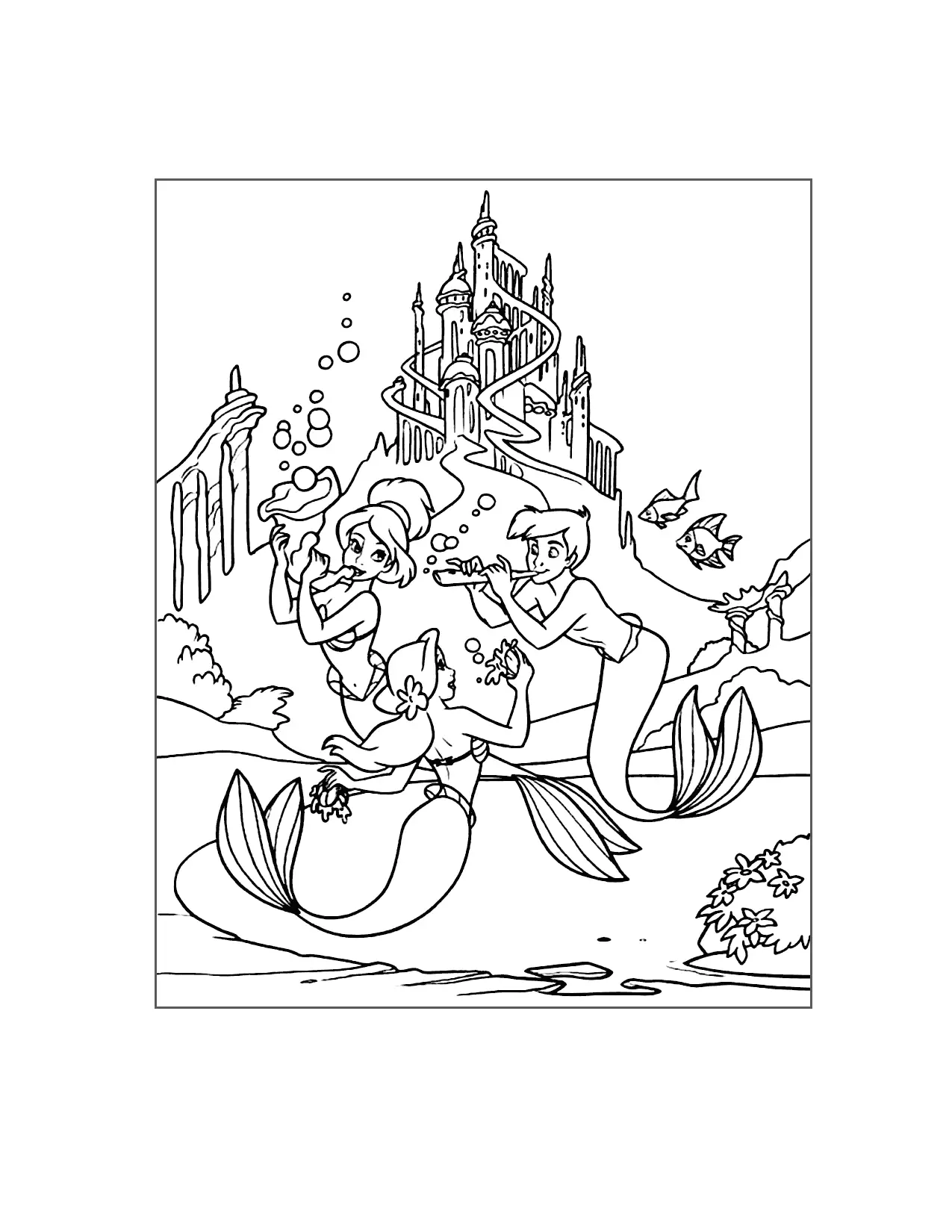 Mer People Playing Sea Instruments Little Mermaid Coloring Page