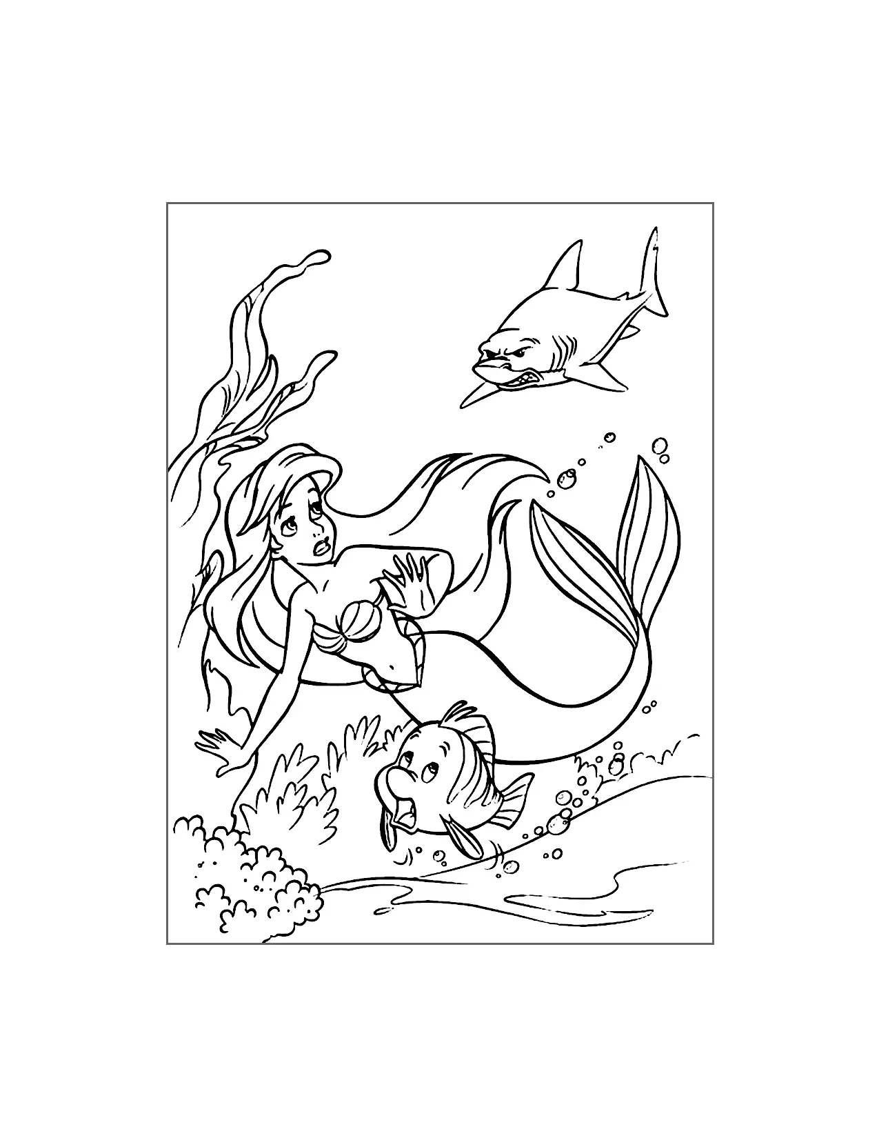 Shark Is Coming For Ariel And Flounder Coloring Page