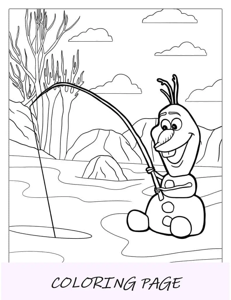 Olaf pescando no lago de gelo para colorir