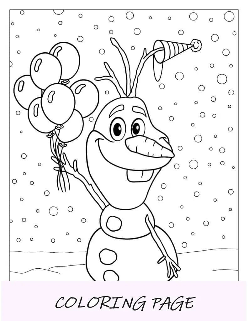 Página para colorir de feliz aniversário de Olaf para crianças