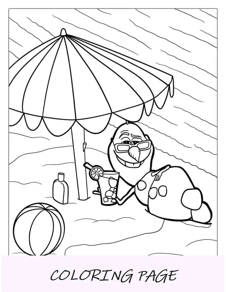 Olaf deitado na praia durante o verão para colorir