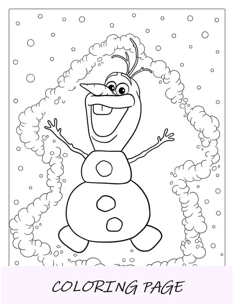 Olaf fazendo um anjo de neve para colorir