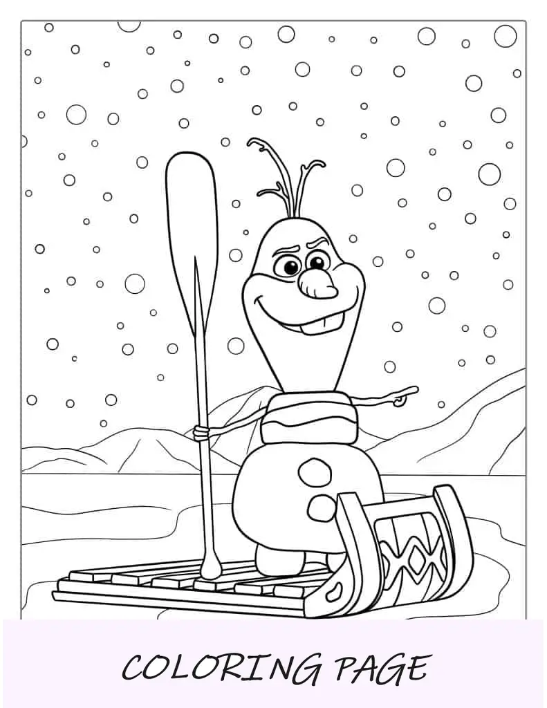 Olaf andando de trenó na neve para colorir