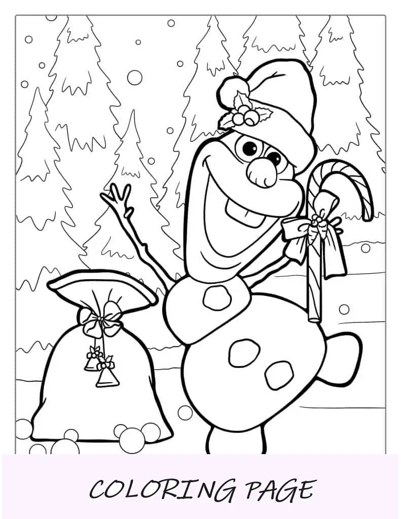 Olaf usando chapéu de Papai Noel com bastão de doces para colorir
