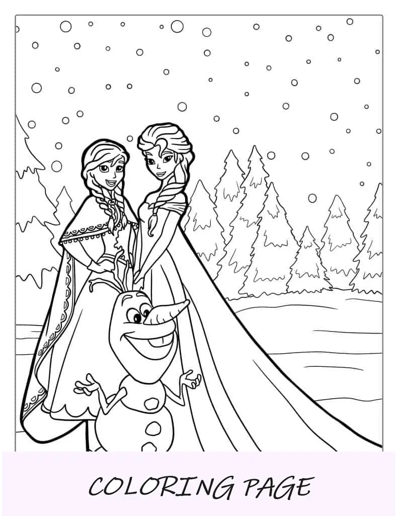 Olaf com Anna e Elsa para colorir