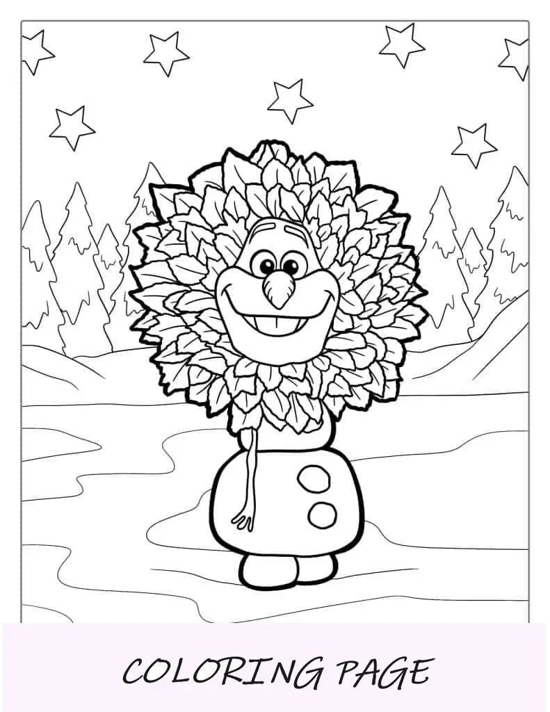 Olaf com folhas em volta da cabeça para colorir