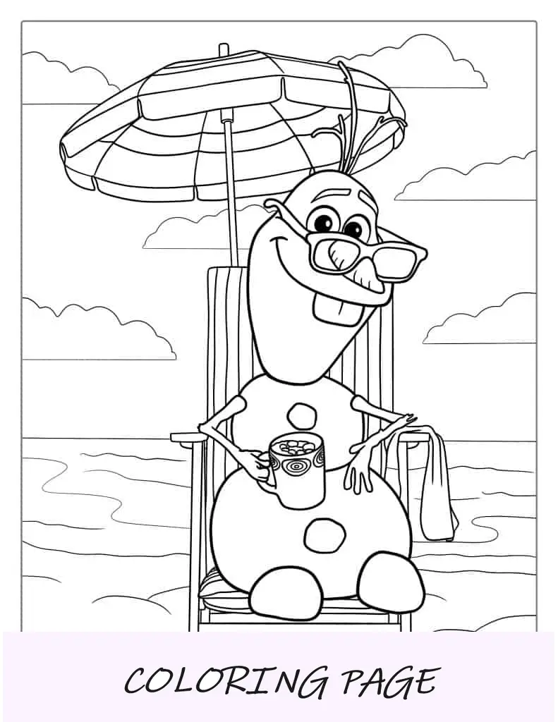 Página para colorir de Olaf na praia