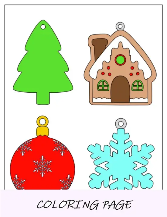 Página para colorir de enfeites de Natal simples para impressão (anjo, boneco de neve, Papai Noel, bugiganga)