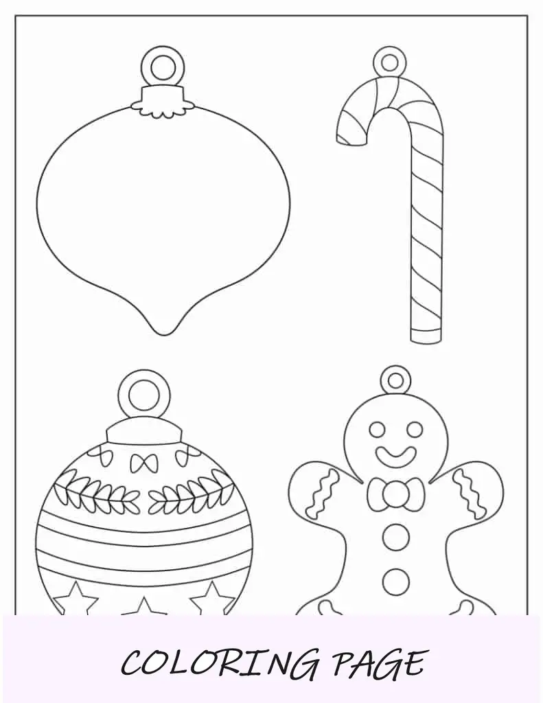 Folha para colorir de enfeites de Natal simples para crianças (floco de neve, bugiganga, anjo, bastão de doces)