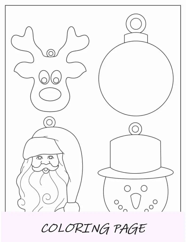 Folha para colorir de enfeites de Natal para impressão (Rudolph, enfeites, Papai Noel)