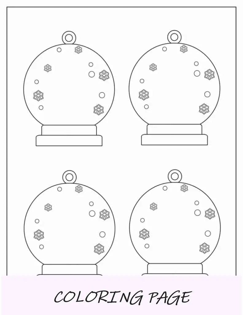 Enfeites de Natal para impressão Kawaii para colorir (globo de neve, bastão de doces, boneco de neve)