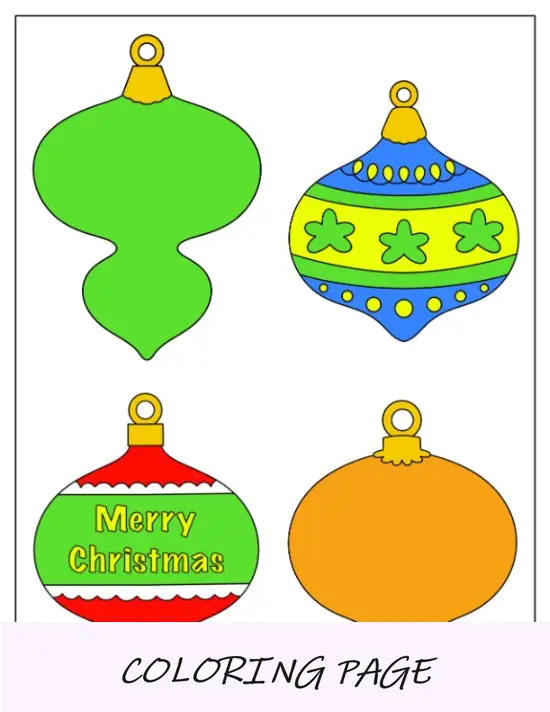 Página para colorir fácil de enfeites de Natal (floco de neve, árvore, anjo, estrela)