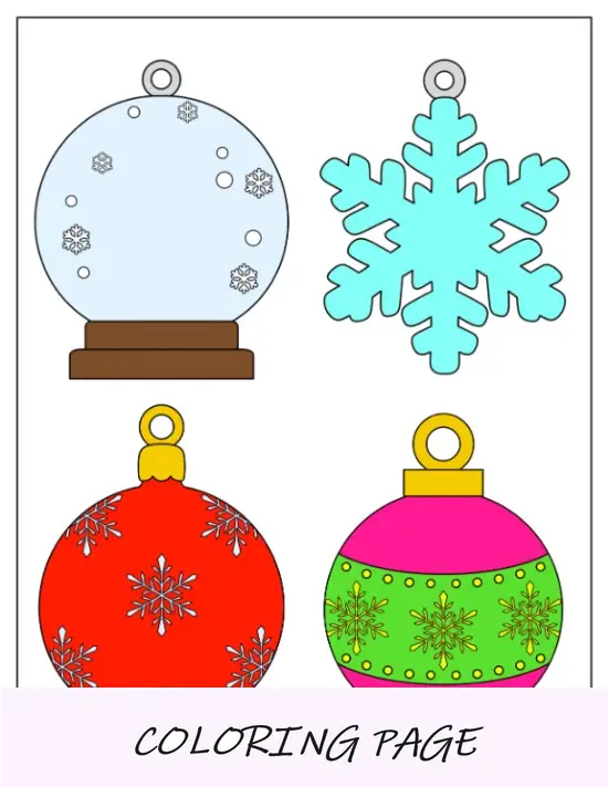 Página para colorir de enfeites de Natal fáceis (árvore, bugiganga, Papai Noel, boneco de neve)