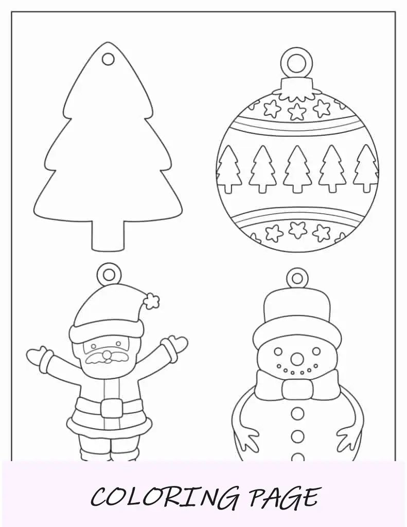 Página para colorir de modelos de enfeites de Natal (boneco de neve, Papai Noel, globo de neve, lâmpada)