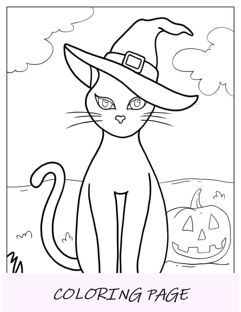 Página para colorir da bruxa do gato preto encantado