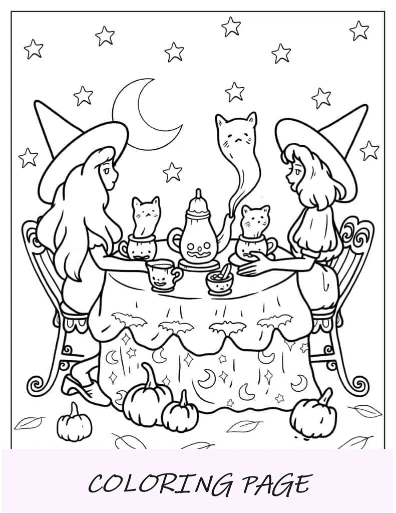 Página para colorir de bruxas de Halloween Kawaii