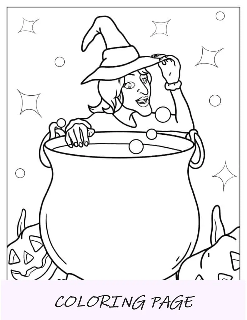 Folha para colorir de bruxa de Halloween para crianças