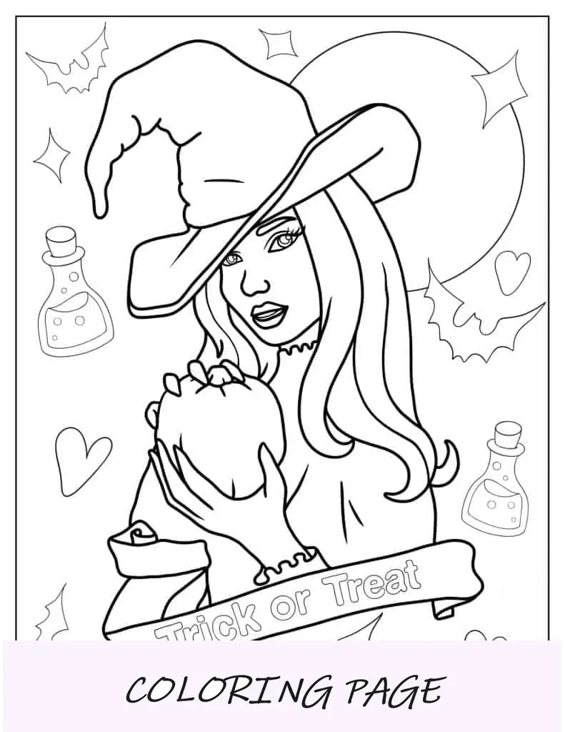 Página para colorir de doces ou travessuras de bruxa