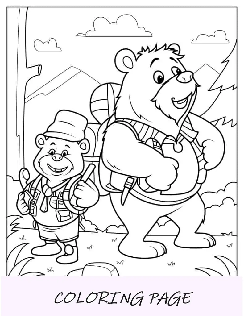 Urso campistas na floresta para colorir