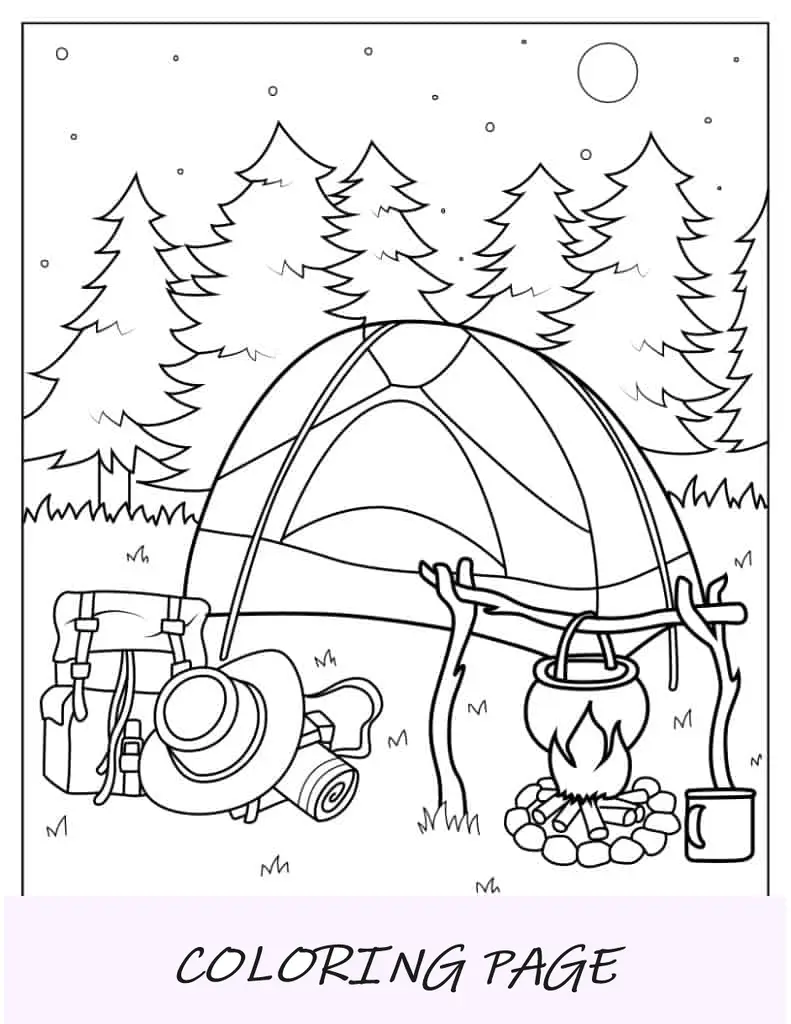 Página para colorir detalhada de barraca e equipamento de acampamento
