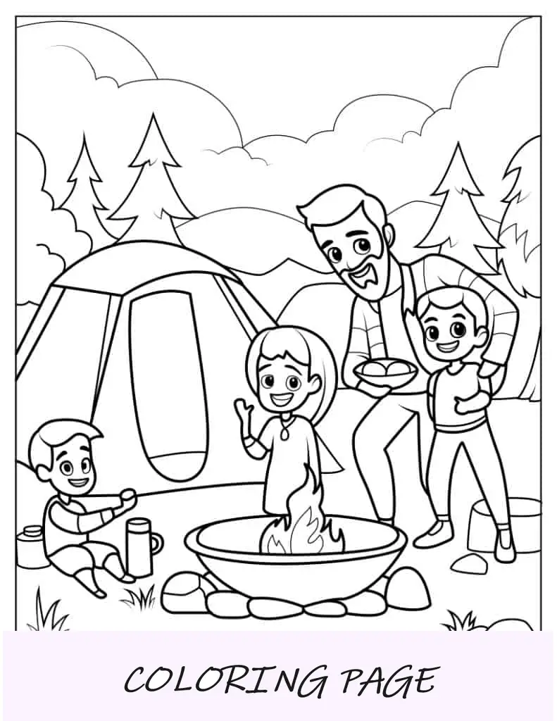 Folha para colorir fácil de acampamento familiar