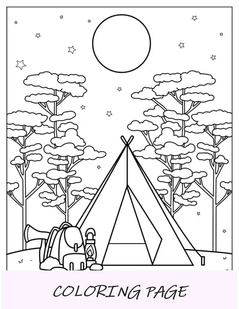 Página para colorir de acampamento noturno para crianças