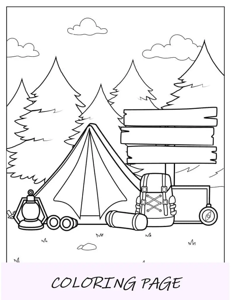 Coloração de equipamento de acampamento para crianças