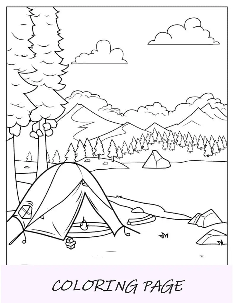 Página para colorir detalhada do acampamento à beira do lago