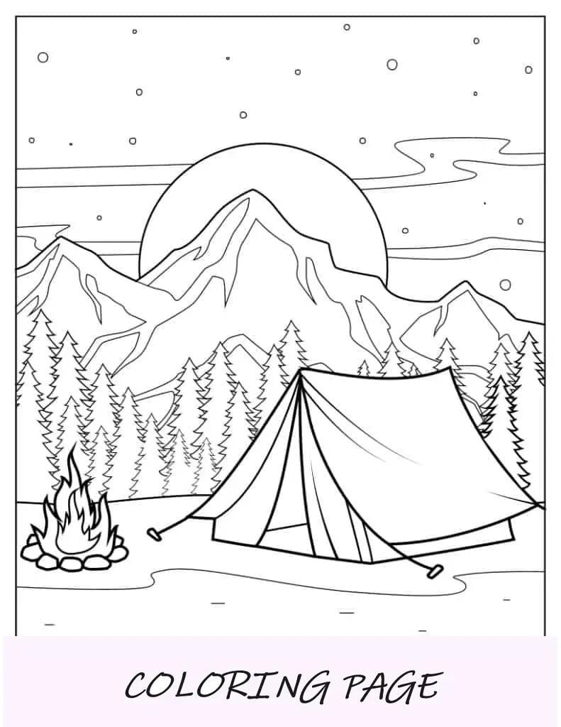 Barraca de camping com fogueira e vista para a montanha