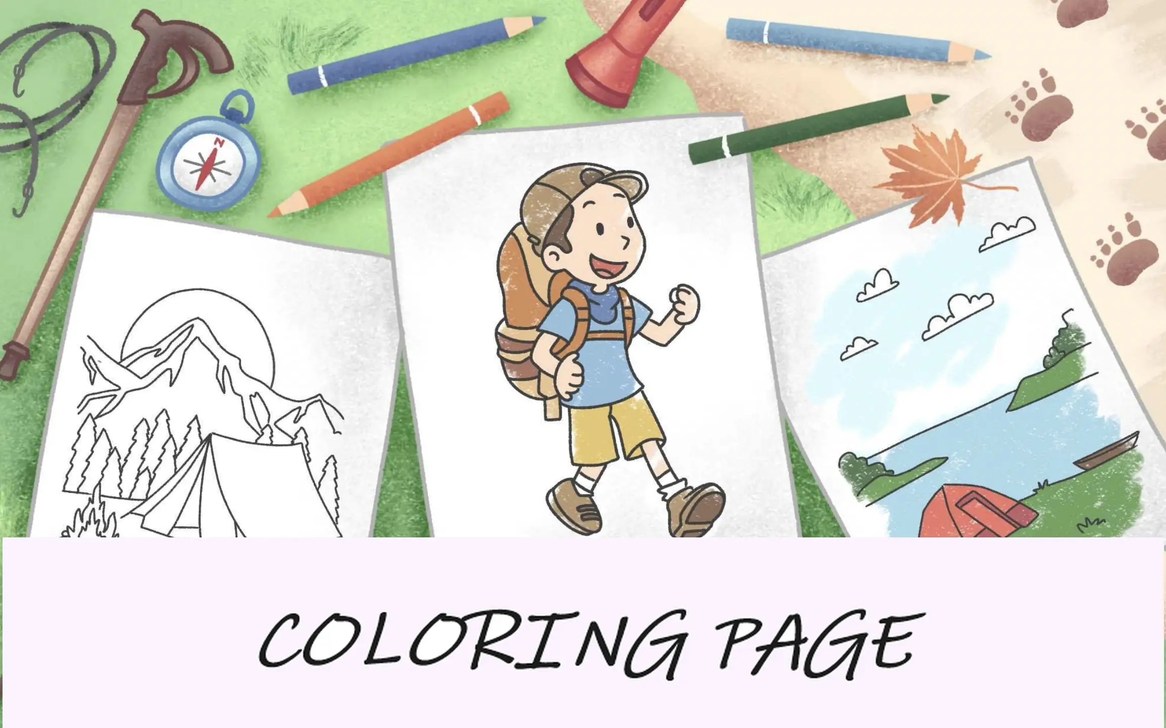imagem em destaque de páginas para colorir de acampamento e caminhada