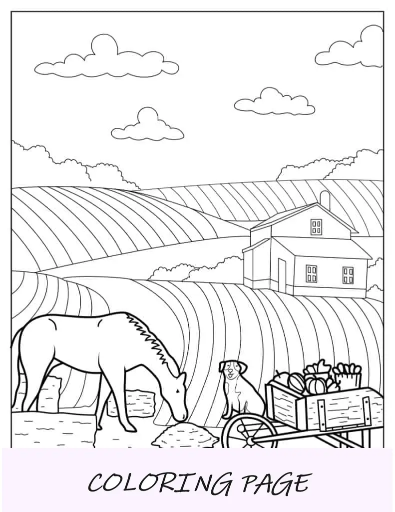 Pagina da colorare di una fattoria con campi e animali