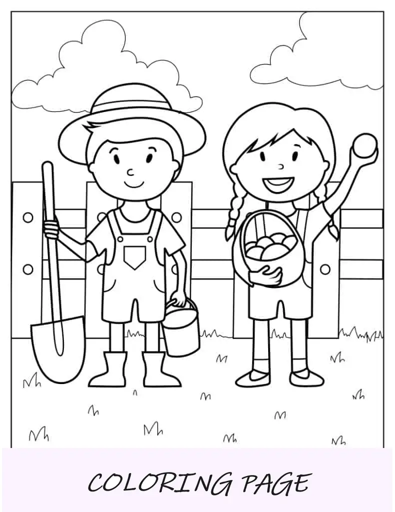 Due bambini che lavorano nella fattoria da colorare