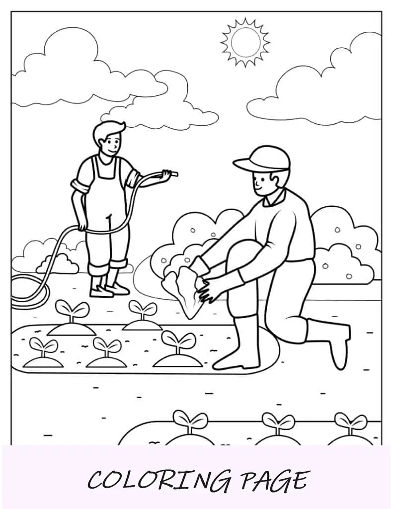 Due agricoltori che piantano raccolti da colorare