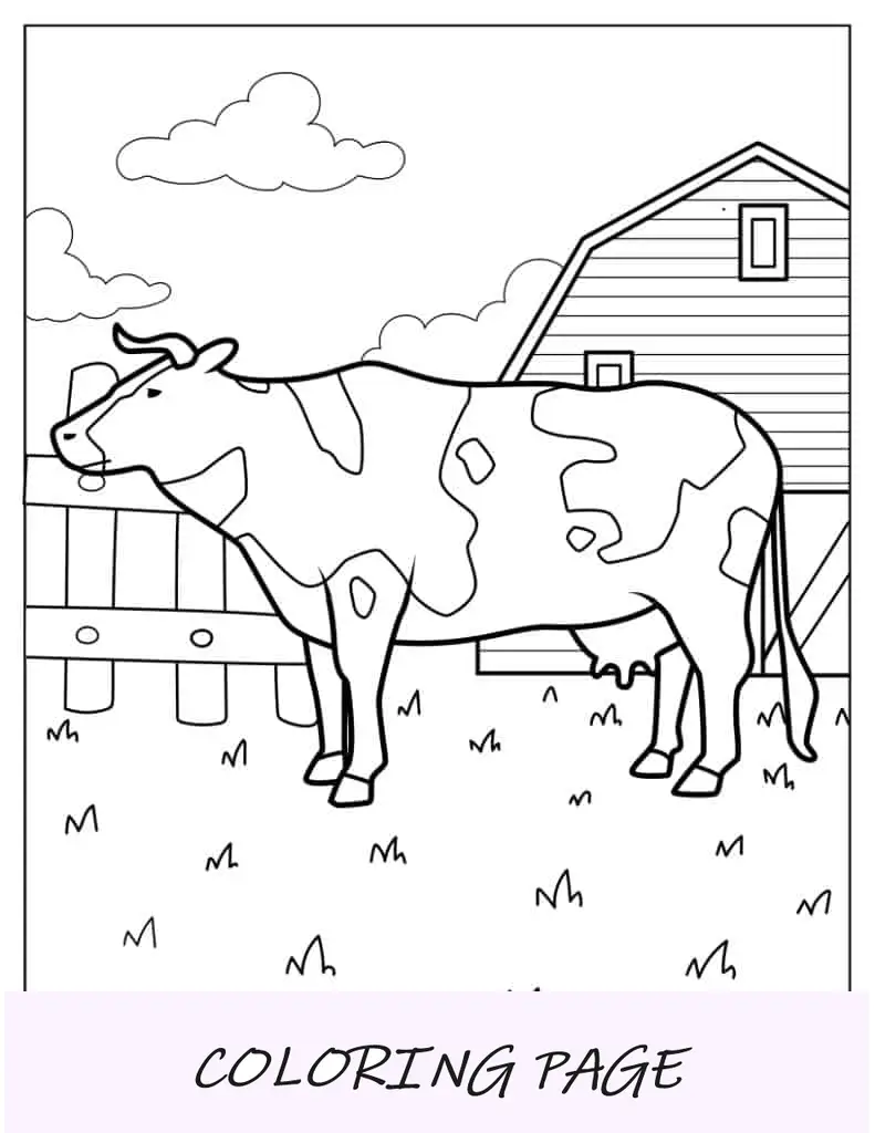 Foglio da colorare di mucca in una fattoria