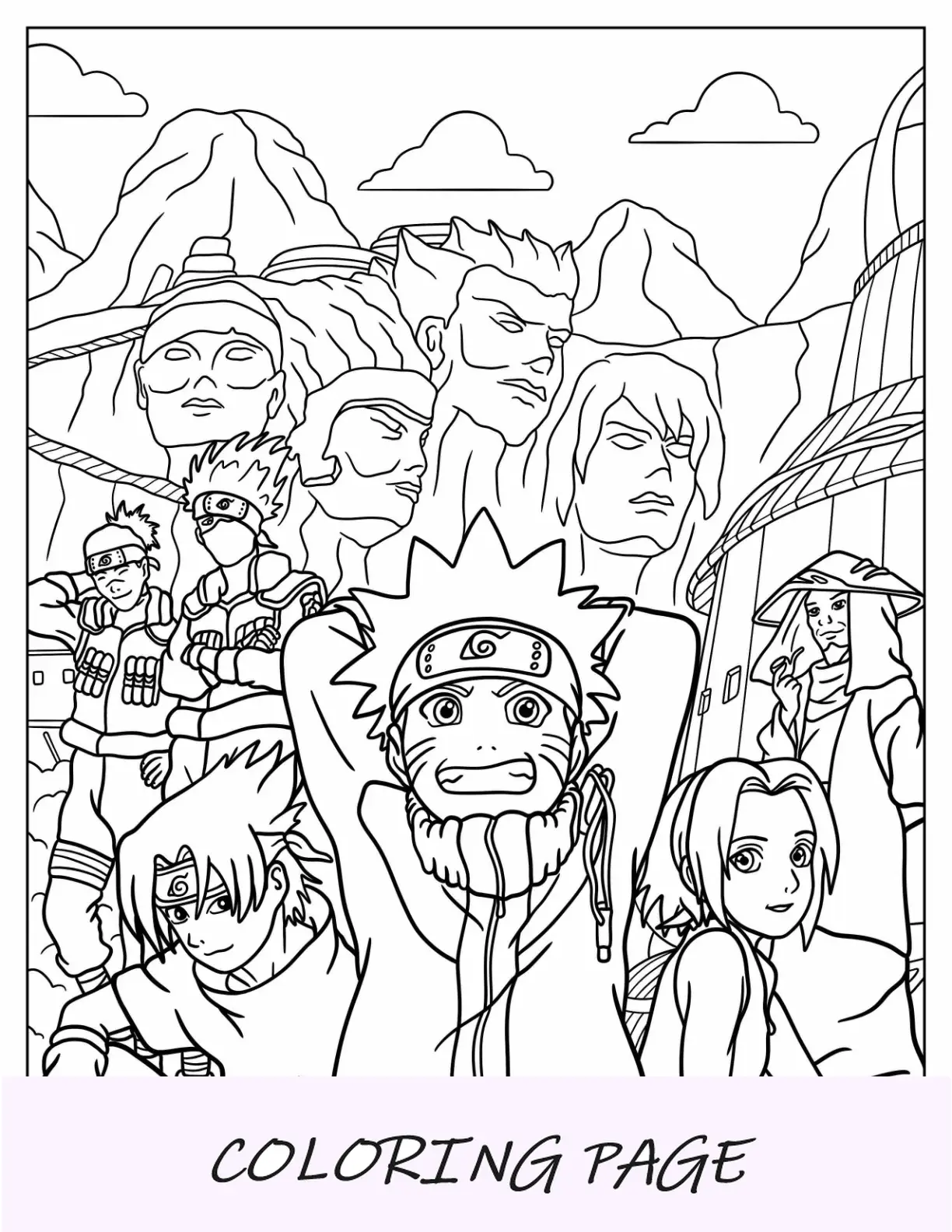 Página para colorir de Naruto do Time Sete com Kakashi, Iruka e o Terceiro Hokage