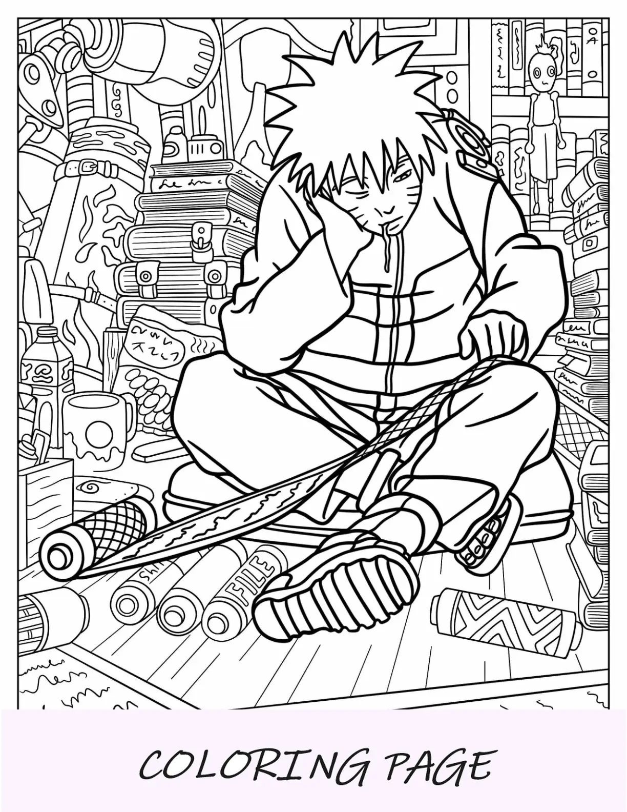 Pergaminho de estudo detalhado da página para colorir de Naruto