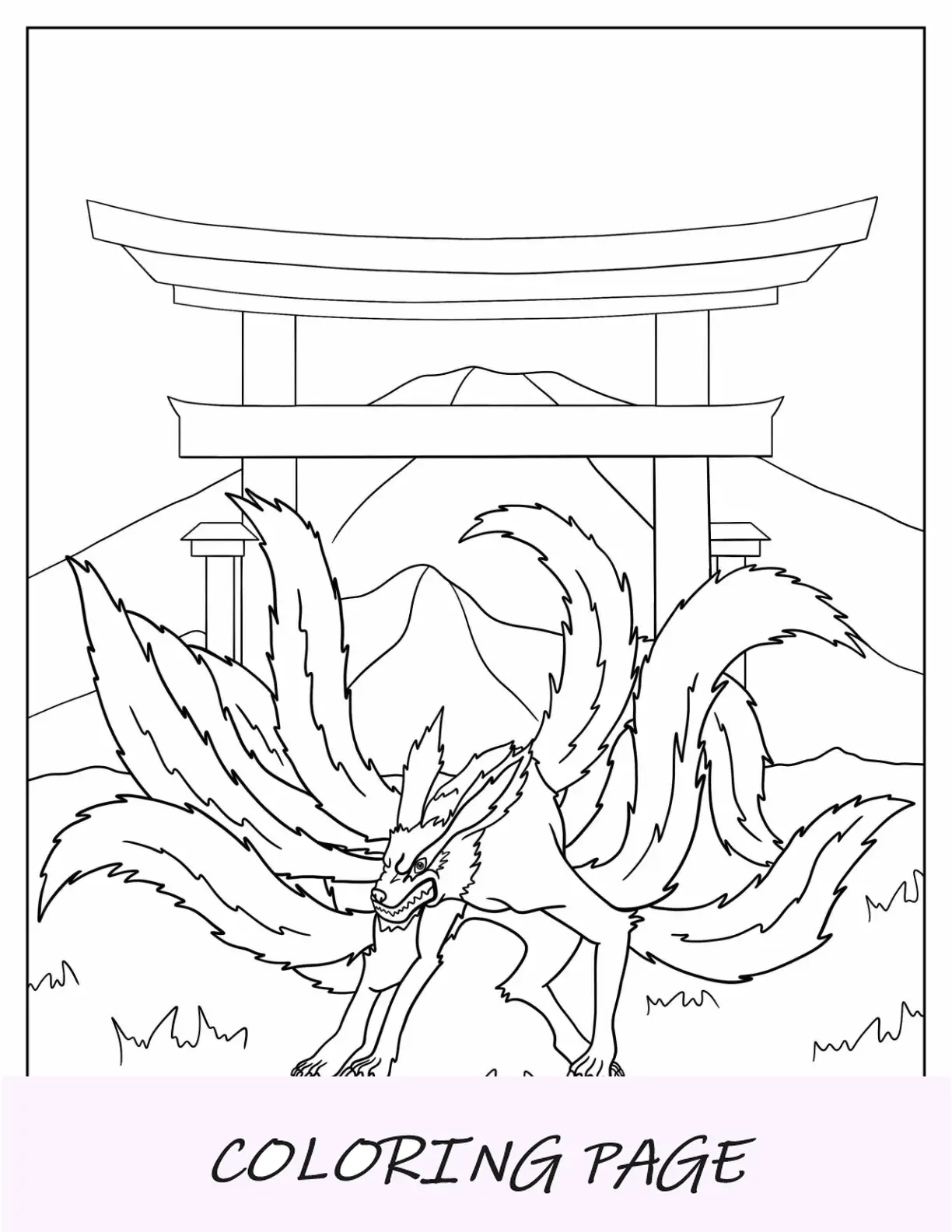 Página para colorir de Naruto com Kurama Nove Caudas detalhadas na frente de Torii