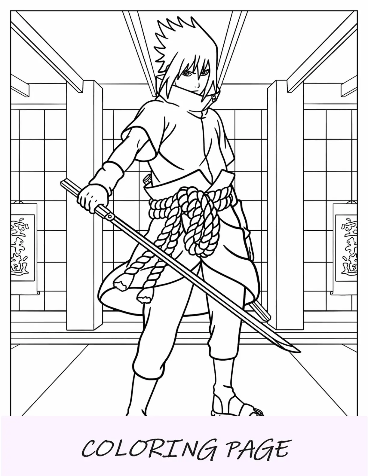Desenho de Naruto para colorir de Uchiha Sasuke segurando o Kusanagi