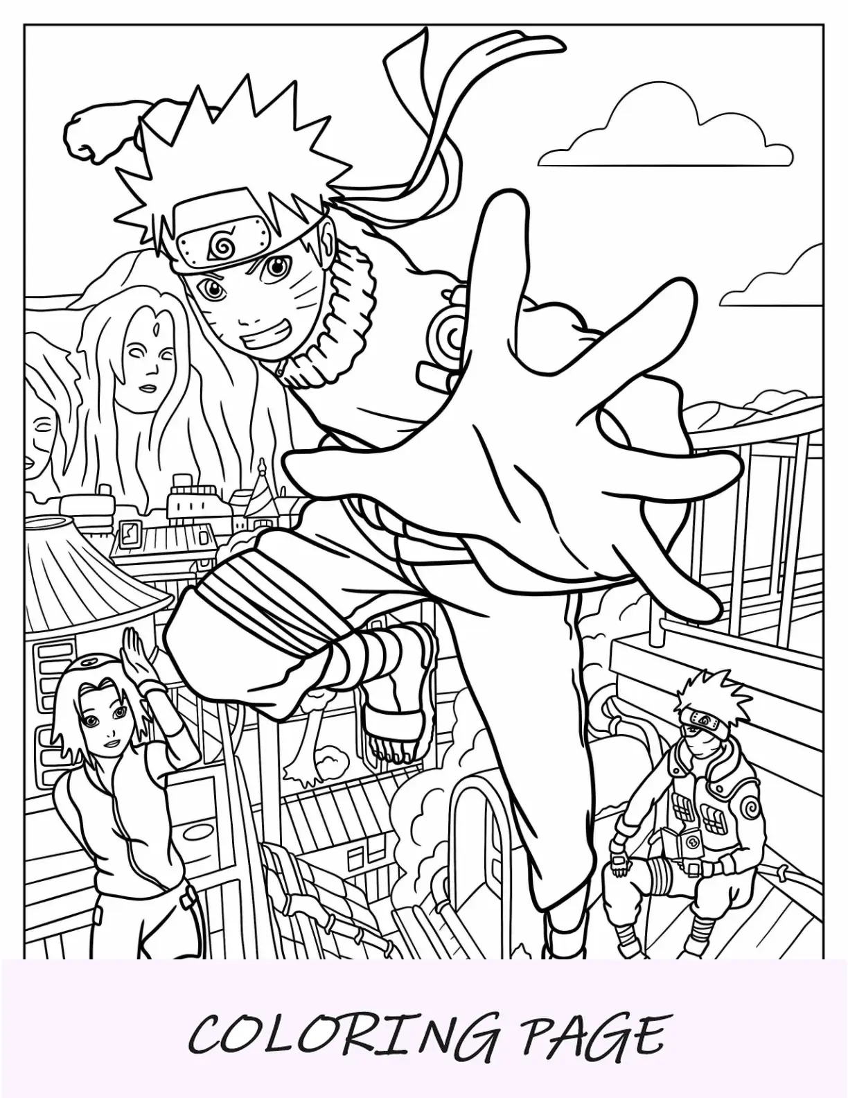 Página para colorir de Naruto adolescente com Sakura e Kakashi em Konoha