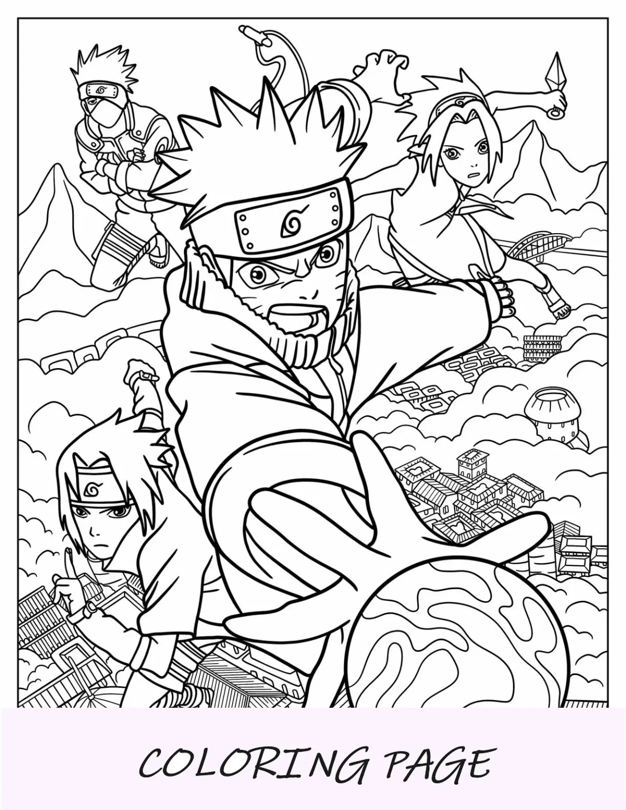 Página para colorir de Naruto com Sasuke, Sakura e Kakashi em luta