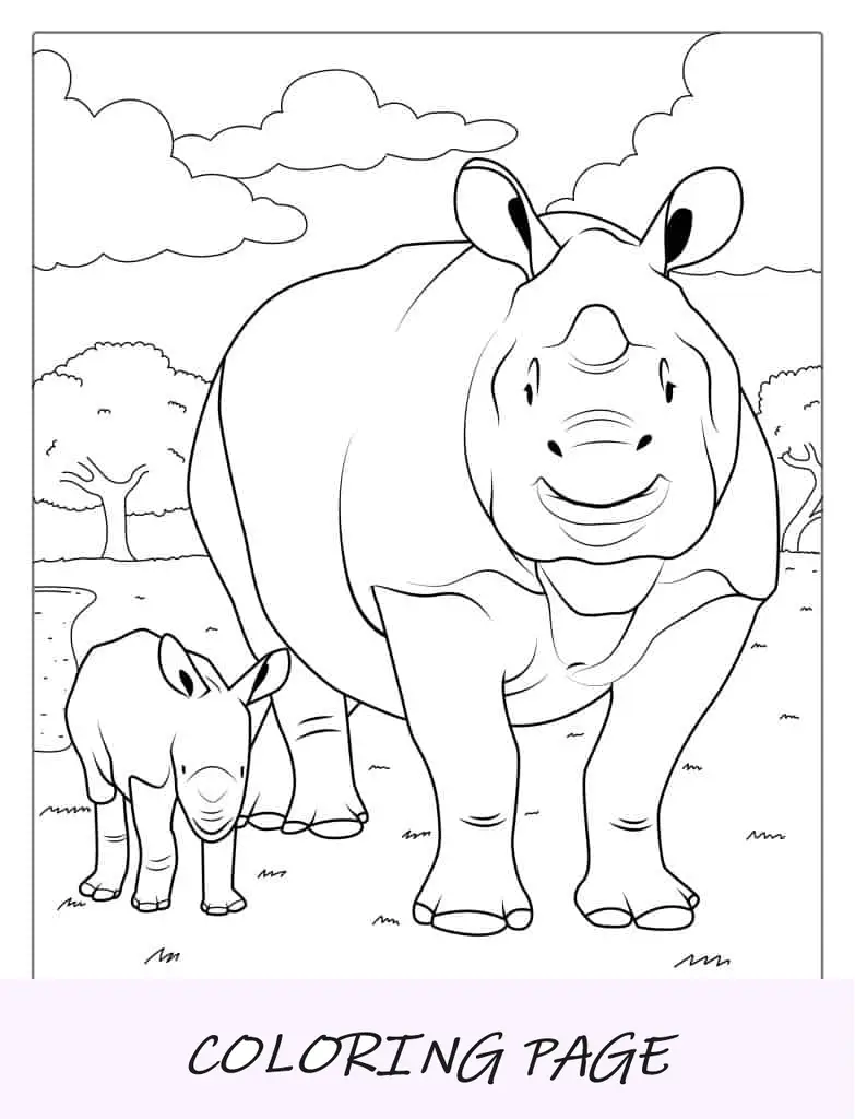 Imagem para colorir de mãe e bebê rinoceronte