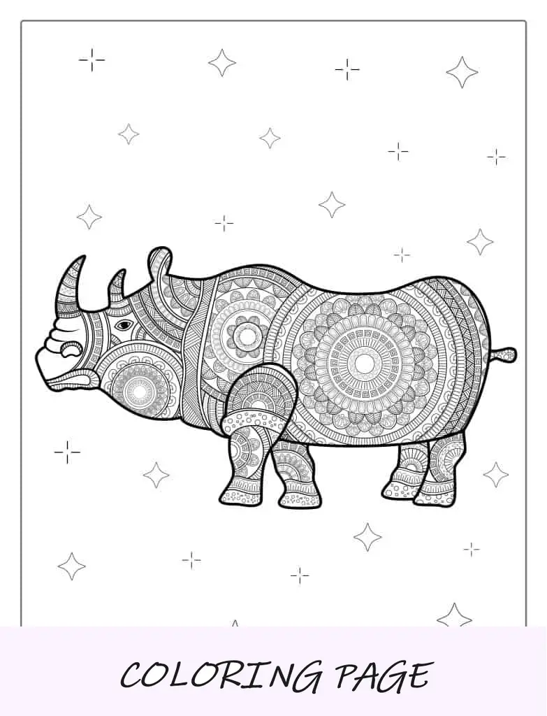 Página para colorir de mandala de rinoceronte para adultos