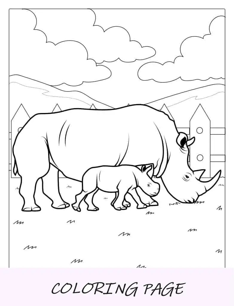 Página para colorir de rinoceronte recém-nascido e mãe
