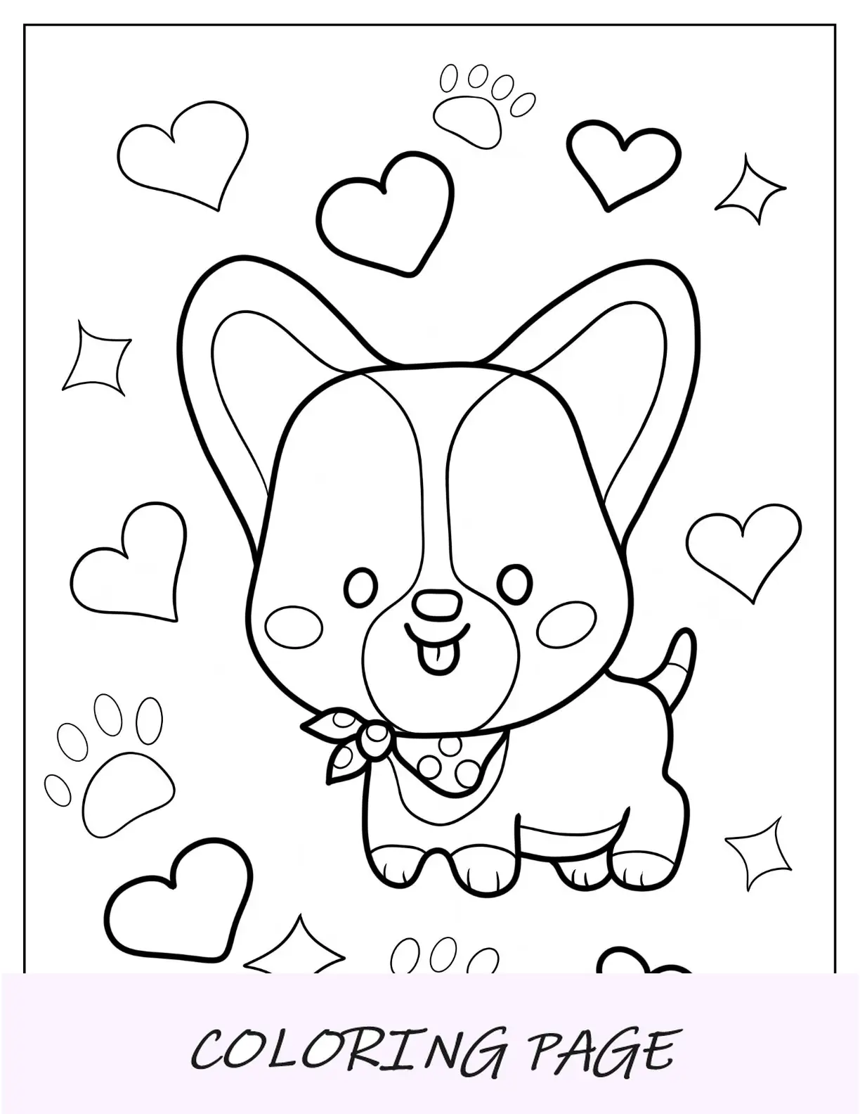Página para colorir de Chibi Corgi com corações e patas no fundo