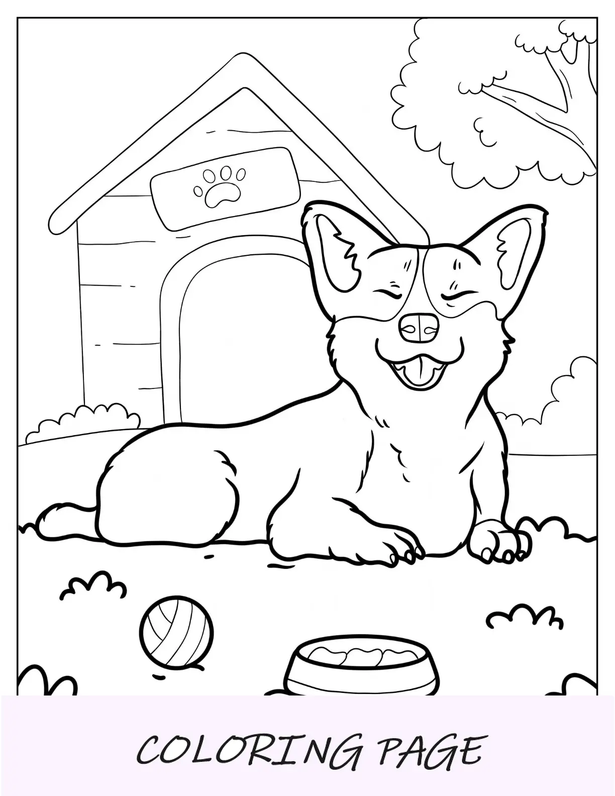 Página para colorir de Corgi sorridente, deitado do lado de fora da casinha de cachorro