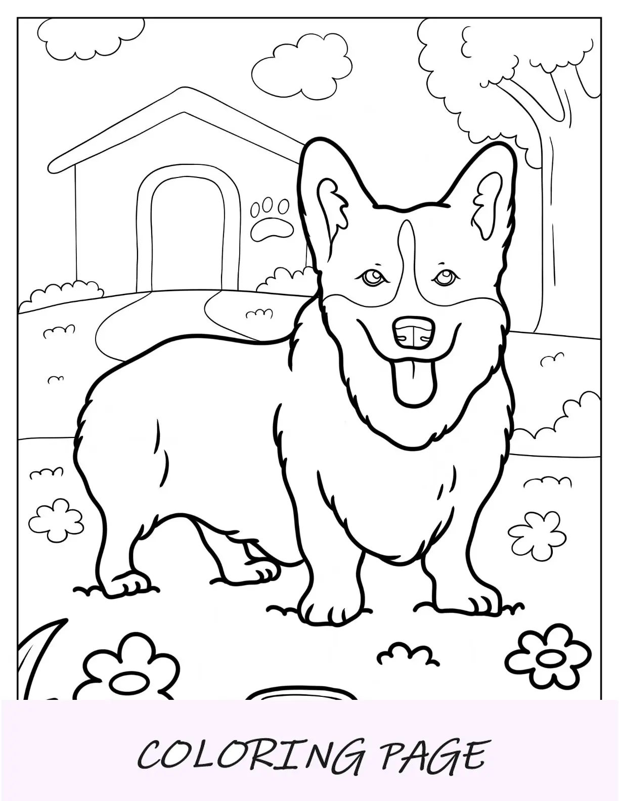 Página para colorir realista de Welsh Corgi no quintal