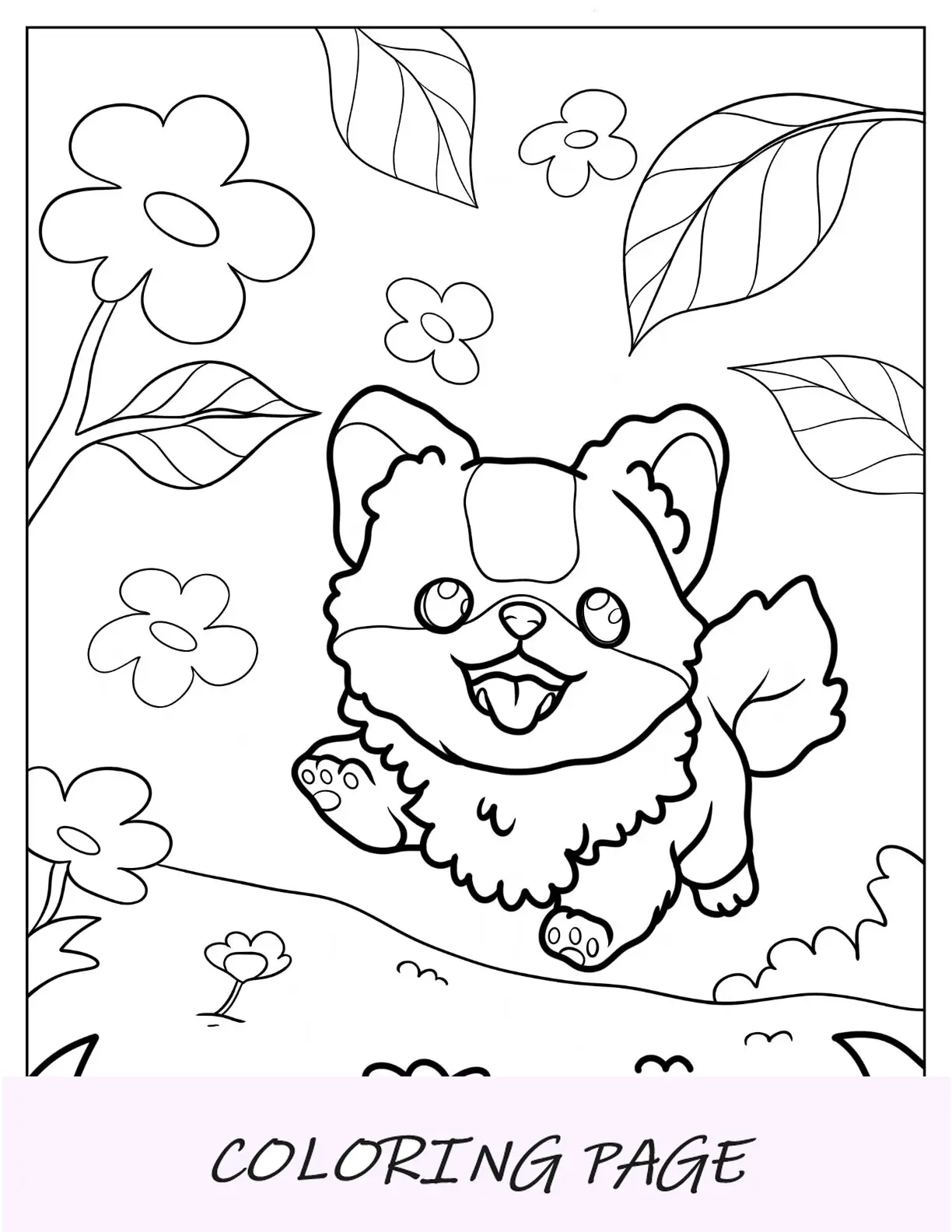 Desenho para colorir de cachorrinho Corgi correndo no jardim