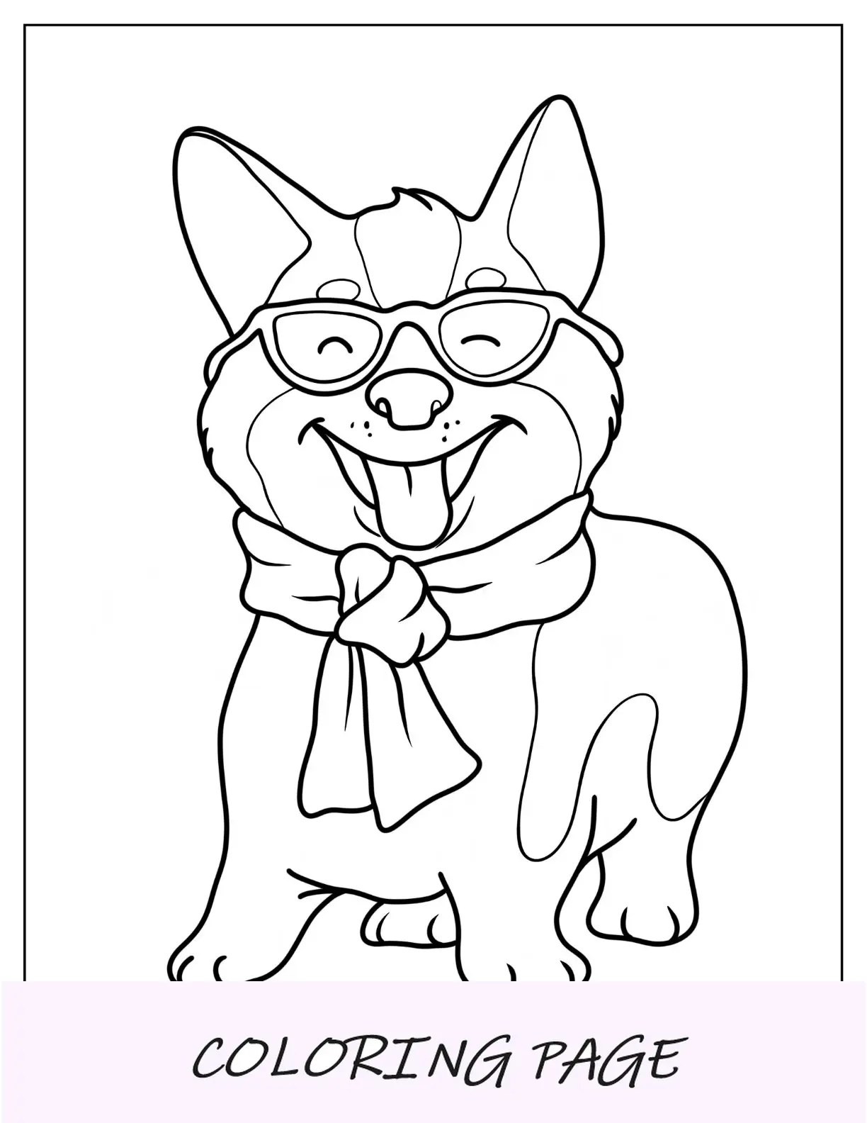 Página para colorir de Corgi fofa com lenço e óculos para crianças em idade pré-escolar