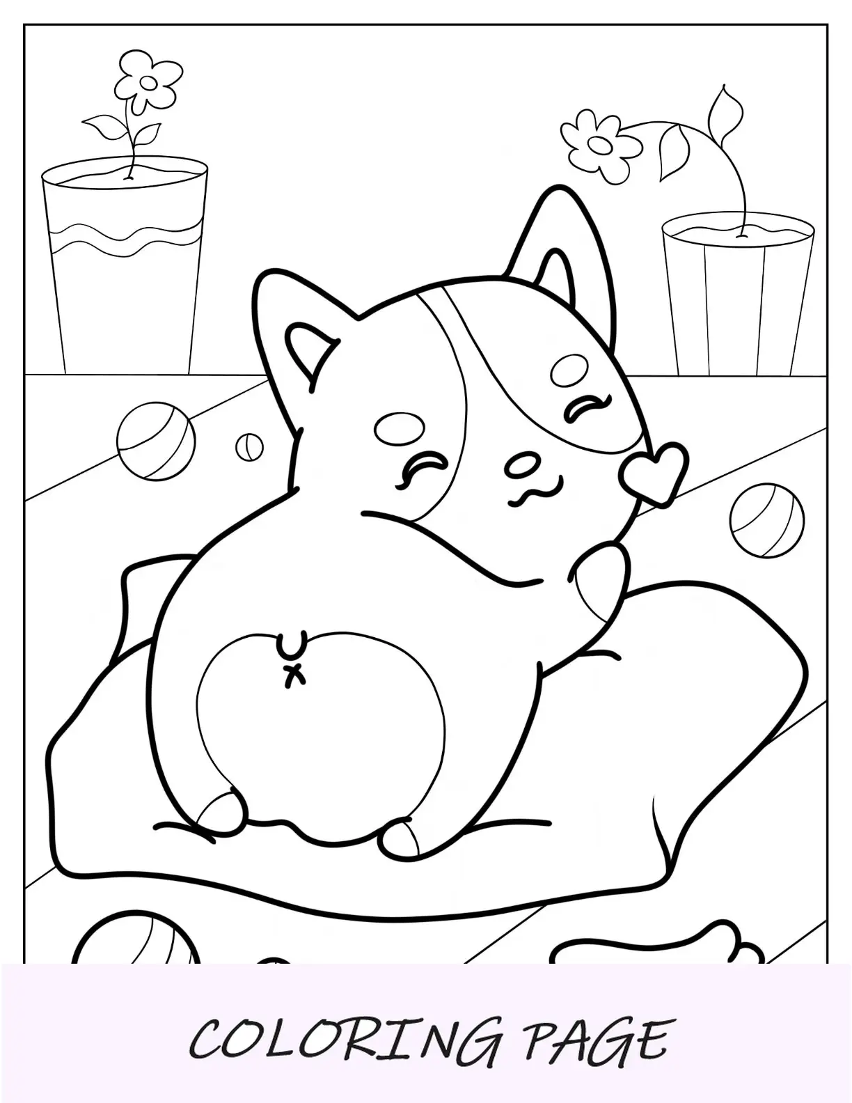 Página para colorir Corgi enviando beijo voador enquanto estava deitado na almofada