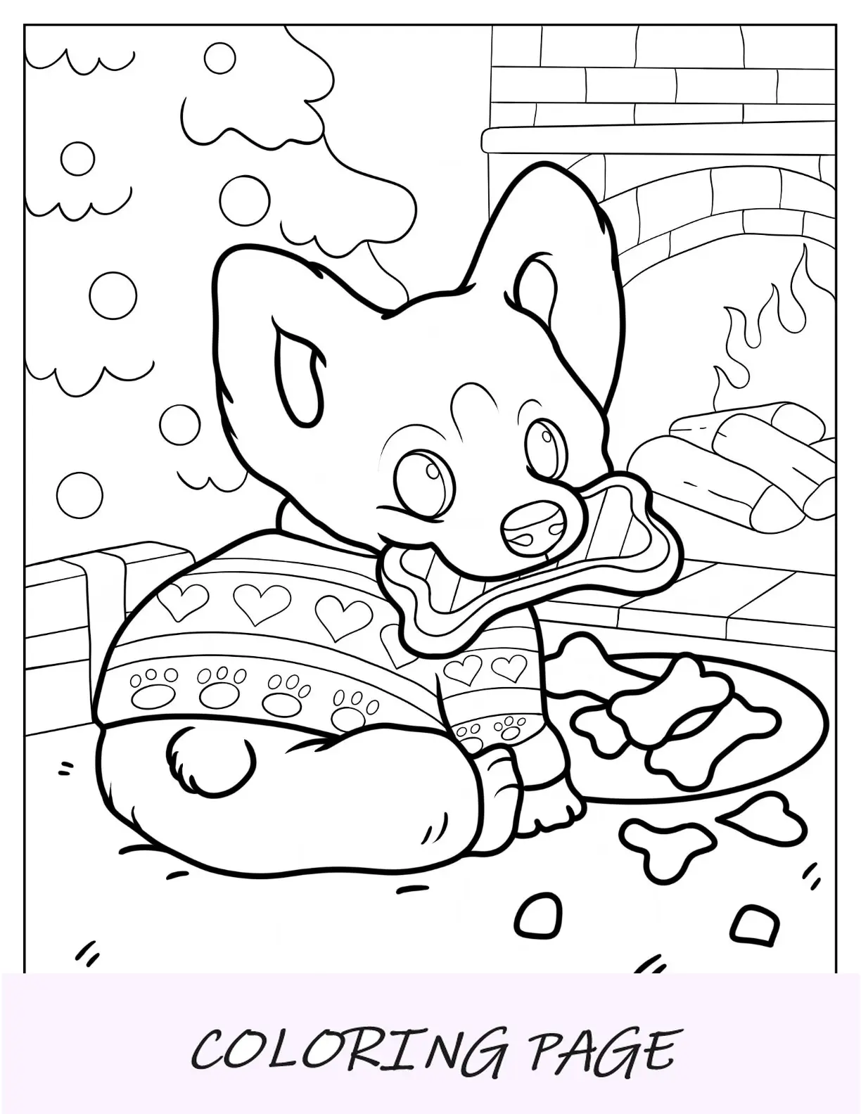 Página para colorir Corgi com suéter de Natal comendo guloseimas para cachorro